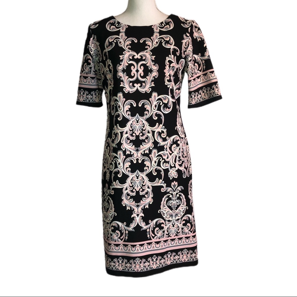 Black and Pink Scroll-Print Sheath Dress